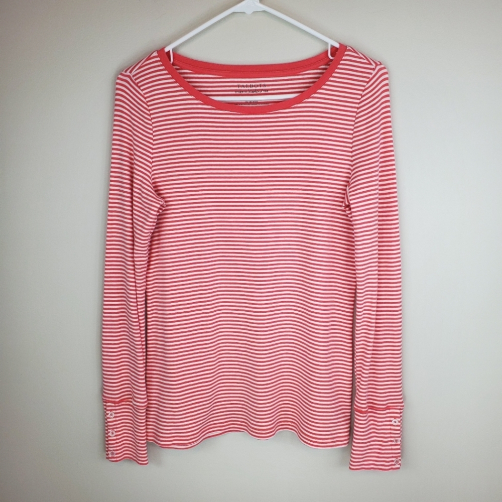 Talbots Size S Striped Long Sleeve The Stretch Weekend Tee With Button Details